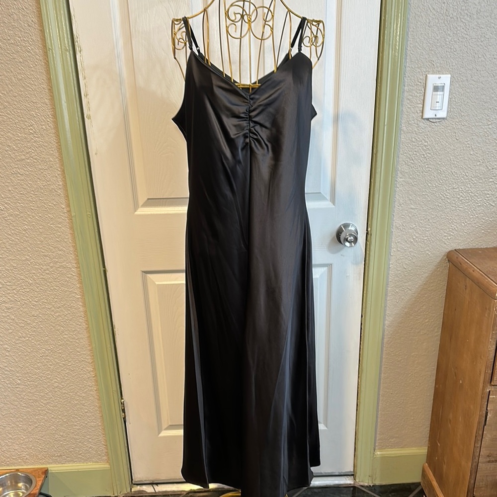 Black Satin maxi dress with slit adjustable Spaghetti Straps